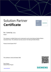 Certyfikat PCS7 Solution Partner