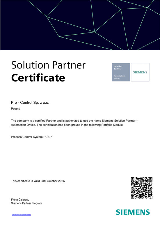 Certyfikat PCS7 Solution Partner