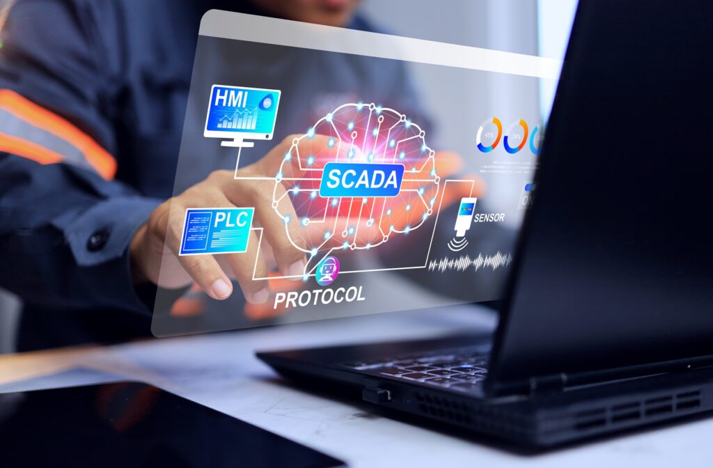Nowoczesny panel operatorski HMI jako kluczowy interfejs automatyzacji w inteligentnej fabryce, stanowiący element systemu SCADA