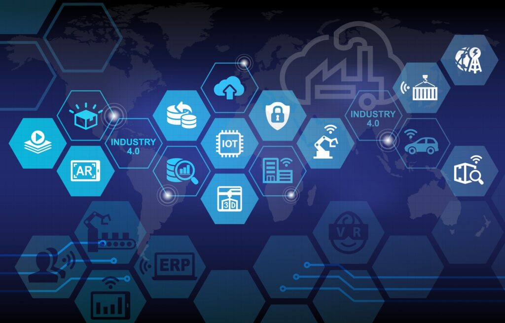 Schemat kluczowych technologii czwartej rewolucji przemysłowej IoT, AI, cloud computing i systemy cyberfizyczne